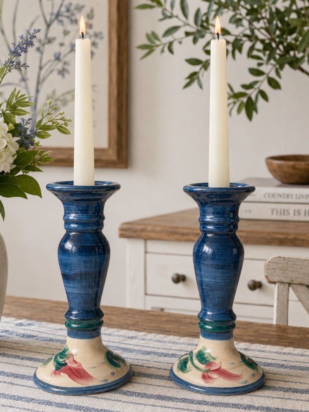 Signed Fitzpatrick '96 Hand Painted Ceramic Candle Holders Blue Floral Pair